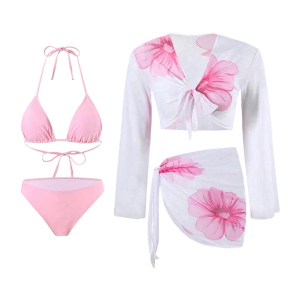 ZQUUVOU Women's 4 Piece Bikini Set Floral Boho Halter Triangle String Bikini Set with Beach Cover Up Swimsuit Outfit Pink