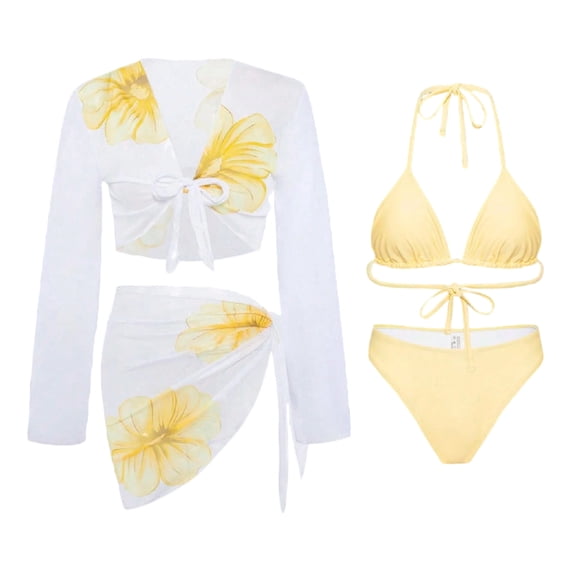 ZQUUVOU Women's 4 Piece Bikini Set Floral Boho Halter Triangle String Bikini Set with Beach Cover Up Swimsuit Outfit Yellow