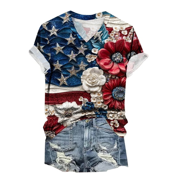 ZQUUVOU Women's 4Th Of July Shirts American Flag Patriotic Usa Stars Stripes Topsse A-Blue (2XL)