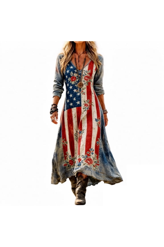 Women's 4th of July Maxi Dress Vintage American Flag Print V Neck Long Sleeve Boho Casual Patriotic Dress Blue
