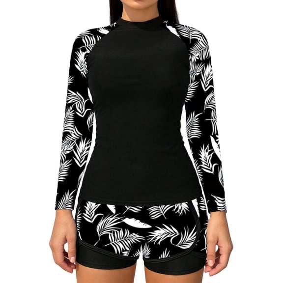 ZQUUVOU Women's Athletic Bikinis Set 2 Piece Rash Guard Long Sleeve Printed Tankini with Shorts Set Swimsuit Swimming Black