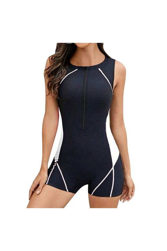 Women's Athletic One Piece Swimsuit with Boyshort Sports Jumpsuit Sleeveless Athletic Swimsuits (Black,L)