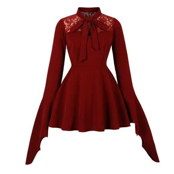 ZQUUVOU Women's Audrey Lace Insert Dress Batwing Sleeve Long Sleeve Collared Belted Waist Skirt Vintage Inspired Gown Burgundy