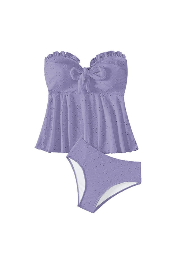 Women's Backless Bikini Set Two Piece Sweetheart Cutout Strapless Bustier Flowy Top and Matching Buttom Purple