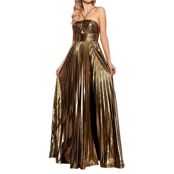 ZQUUVOU Women's Backless Gown Halter Neck Side Tie High Leg Slit Bodycon Formal Maxi Dress for Wedding Guest Cocktail Gold