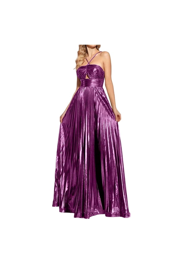 Women's Backless Gown Halter Neck Side Tie High Leg Slit Bodycon Formal Maxi Dress for Wedding Guest Cocktail Purple