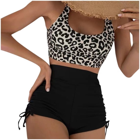 ZQUUVOU Women's Backless High Waist Bikini Set Two Piece Leopard Print Swimsuit Drawstring Boyshorts Vacation Black