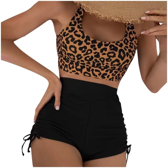 ZQUUVOU Women's Backless High Waist Bikini Set Two Piece Leopard Print Swimsuit Drawstring Boyshorts Vacation Yellow