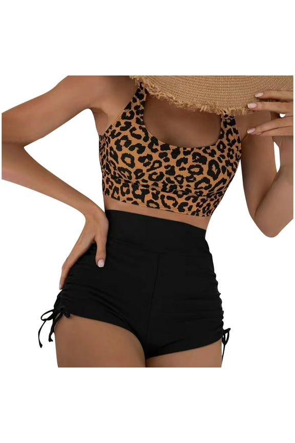Women's Backless High Waist Bikini Set Two Piece Leopard Print Swimsuit Drawstring Boyshorts Vacation Yellow