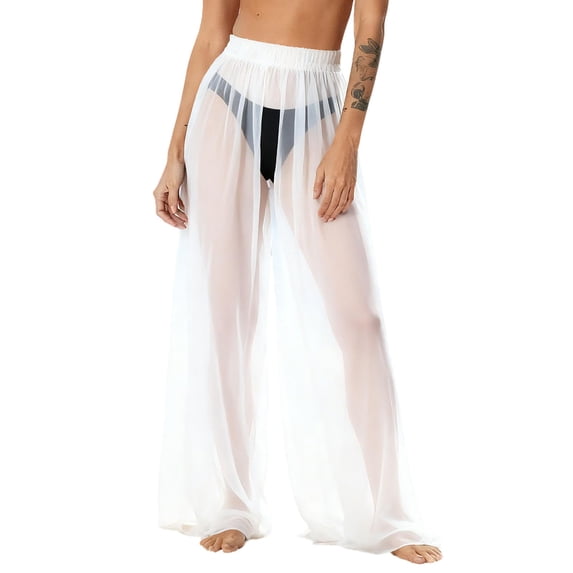 ZQUUVOU Women's Beach Cover Up Pants Wide Leg Boho Colorful Chiffon Lightweight Palazzo Loose Swimwear Cover Up Long Pants White