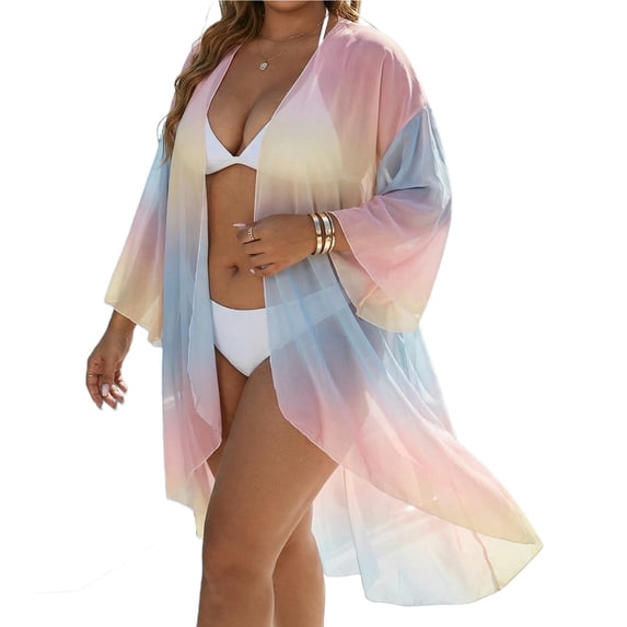 ZQUUVOU Women's Beach Cover Up Plus Size Colorful Lightweight Loose Asymmetric Casual Bikini Kimono Vacation Resort Boho Cardigans Pink