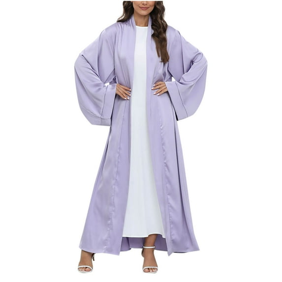 ZQUUVOU Women's Beach Dress Long Sleeve Duster Maxi Dress V Neck Tie Waist Side Pockets Open Front Cardigan Cover Up Purple