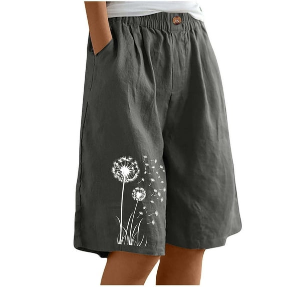 ZQUUVOU Women's Bemuda Shorts Solid Color Printed Drawstring Buttons Pockets (Gray,L)