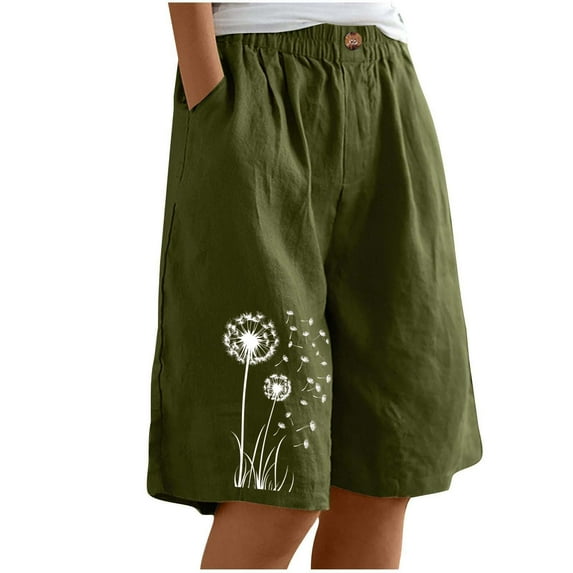 ZQUUVOU Women's Bemuda Shorts Solid Color Printed Drawstring Buttons Pockets (Olive Green,XL)