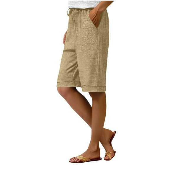 ZQUUVOU Women's Bermuda Shorts Solid Color Elastic Waist Sports Casual with Side Pockets Shorts(Beige,XL)