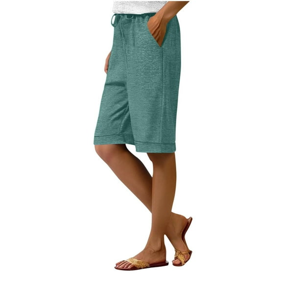 ZQUUVOU Women's Bermuda Shorts Solid Color Elastic Waist Sports Casual with Side Pockets Shorts(Mint Green,XL)