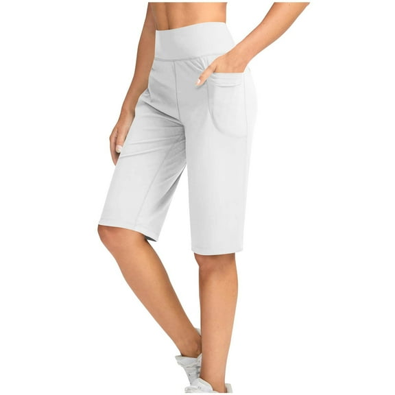ZQUUVOU Women's Bermuda Shorts Solid Color High Waist Elastic Casual Yoga Shorts(White,2XL)