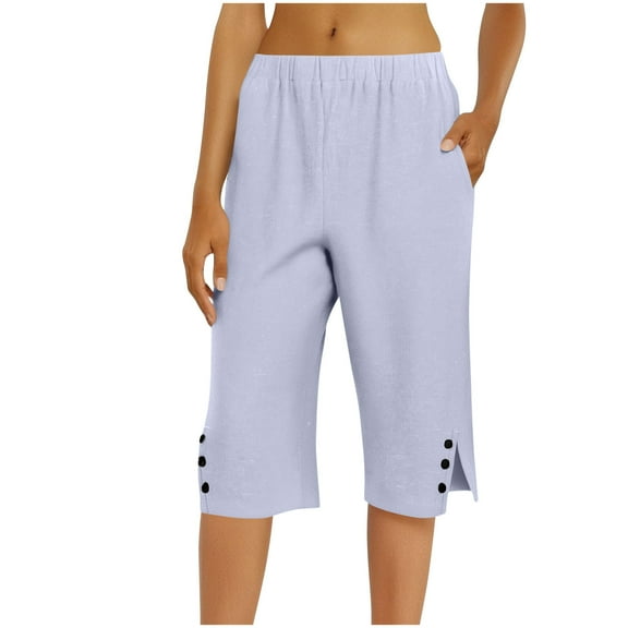 ZQUUVOU Women's Bermuda Shorts Solid Color Loose Side Slit Buttons Pants with Pockets(Light Blue,L)