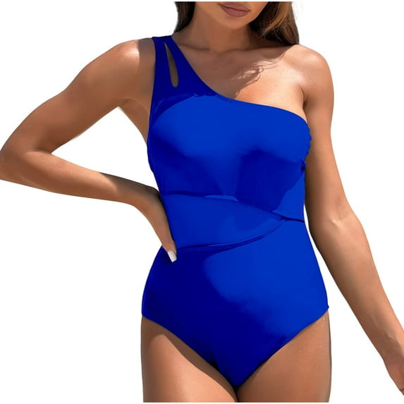 ZQUUVOU Women's Bikini 2025 One Shoulder Off Solid Color Athletic Swimsuit (Blue,M)