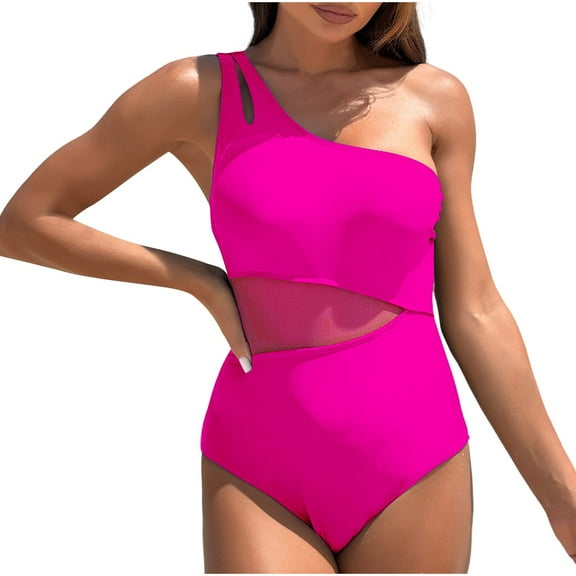 ZQUUVOU Women's Bikini 2025 One Shoulder Off Solid Color Athletic Swimsuit (Hot Pink,S)