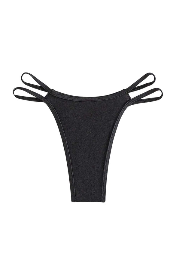 Women's Bikini Bottom Double Strappy Thong Beach Pool Swimwear String Low Waisted Swimsuit High Cut Bottom Black