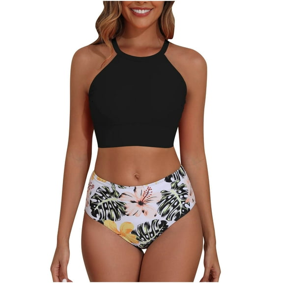 ZQUUVOU Women's Bikini Set Halter V-Neck Print Push-Up Pad Swimsuit (Black,XL)