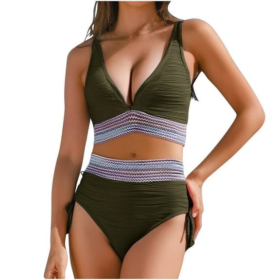 ZQUUVOU Women's Bikini Swimsuit Set Color Block V Neck Drawstring High Waist Adjustable Push Up Swimsuit Set Brown