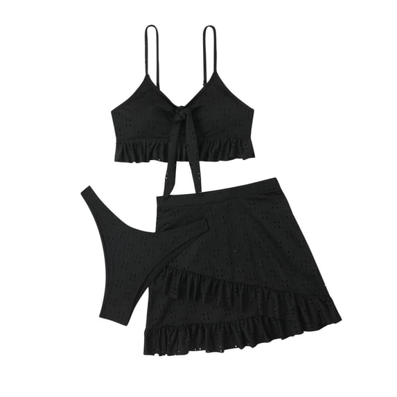 Zwiiyzr Women's Bikini Three Piece Split High Waisted Solid Color Skirt Bikini Swimsuit (Black,L)