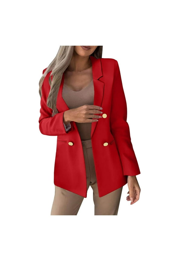 Women's Blazer Jacket Summer Solid Color Slim Long Sleeve Double Suit (Red,M)