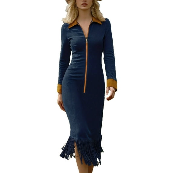 ZQUUVOU Women's Bodycon Midaxi Gown V Neck Long Sleeve Zipper Front Fringe Hem Side Slit Dress for Evening Party Navy