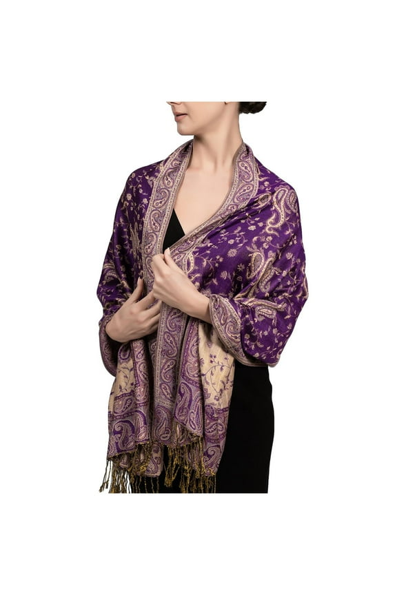 Women's Bohemian Scarf Paisley Printed Soft Long Shawl with Fringe Vintage Style Winter Wrap for Layering Gift Purple