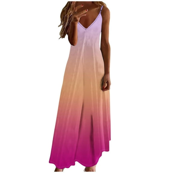 ZQUUVOU Women's Boho Maxi Dress V Neck Sleeveless Sundress Gradient Vacation Beach Sundresses Loose Maxi Dresses Casual Outfit Hot Pink