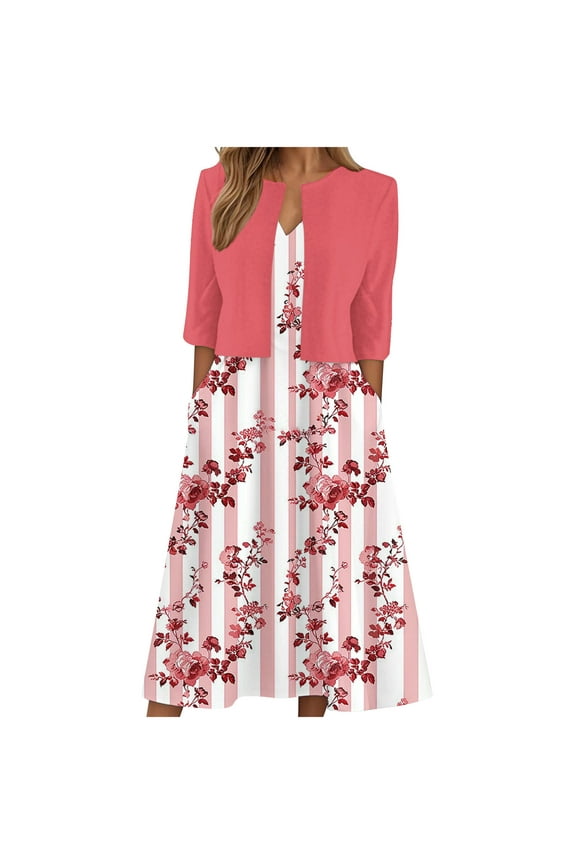 Women's Boho Maxi Sleeveless Dress With Jacket 2 Piece Set Flowy Wedding Guest Dress Pink,S