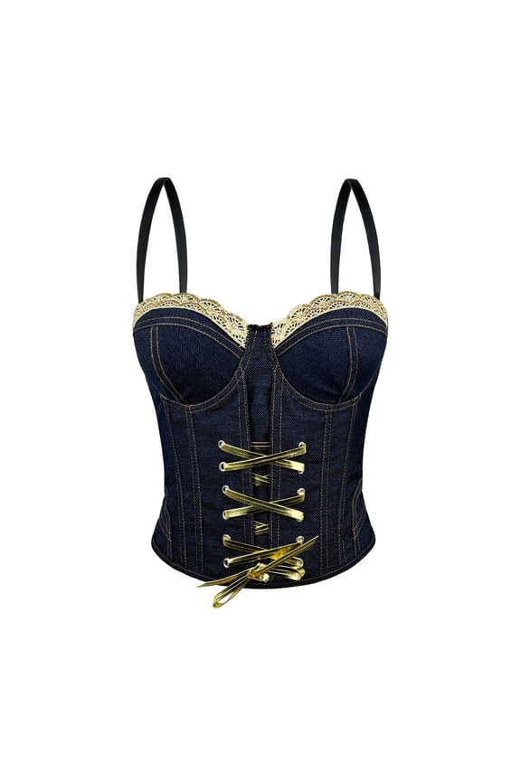 Women's Boned Corset Tank Top with Pads Fashion Denim Lace Up Drawstring Backless Shapewear Outerwear Bustier Blue