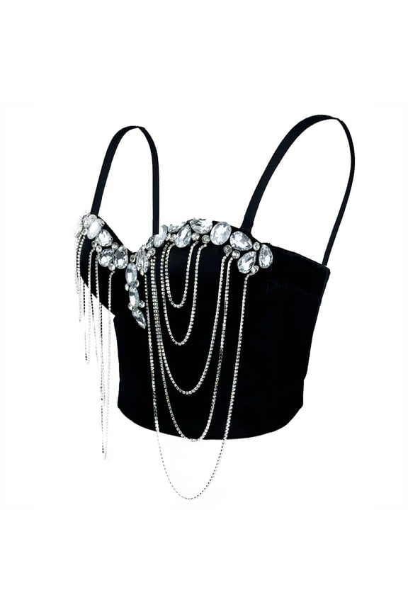Women's Bridal Corset Rhinestone Chain Diamond Boned Bustier Tops Waist Cincher Outerwear Tummy Control Shapewear Black