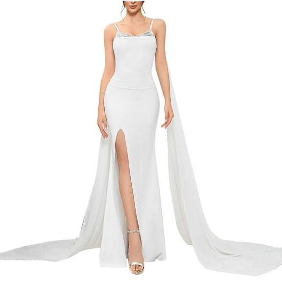 ZQUUVOU Women's Bridal Gown Sleeveless V Neck Open Back Flowy Slit Skirt Spaghetti Strap Wedding Dress Formal Gown White