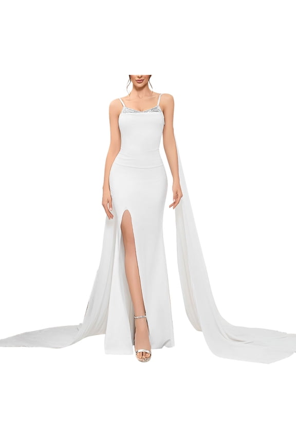Women's Bridal Gown Sleeveless V Neck Open Back Flowy Slit Skirt Spaghetti Strap Wedding Dress Formal Gown White