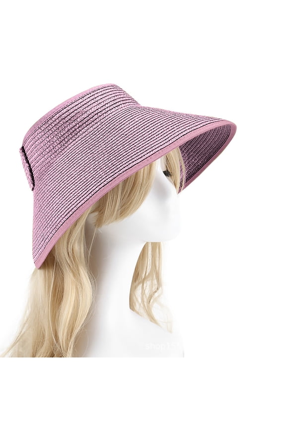 Women's Brimmed Visor Sun Hat Straw Braided Foldable Wide Brim Cap Packable Summer Vacation Brathable Beach Hat Burgundy