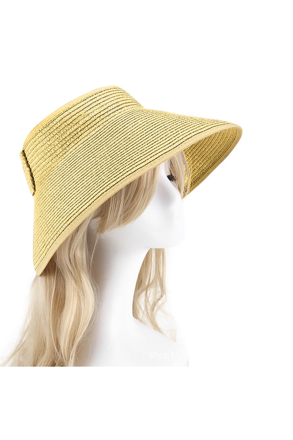 Women's Brimmed Visor Sun Hat Straw Braided Foldable Wide Brim Cap Packable Summer Vacation Brathable Beach Hat Yellow