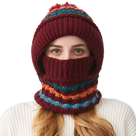 ZQUUVOU Women's Cable Knit Balaclava Beanie Neck Warmer Set Winter Color Ear Protection Pom Pom Two Piece Burgundy