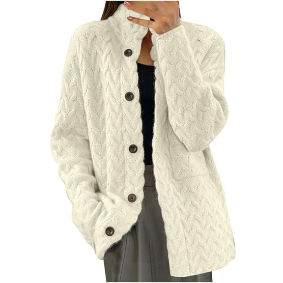 ZQUUVOU Women's Cable Knit Cardigan Fall Winter Stand Collar Solid Color Long Sleeve Sweater Coat Vintage Outerwear White