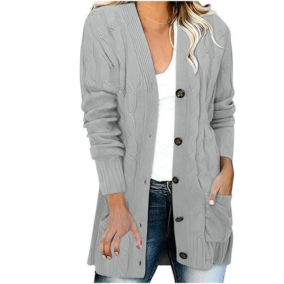 ZQUUVOU Women's Cable Knit Cardigan Solid Sweaters With Pocket Button Down Cardigan Outerwear Coats Gray