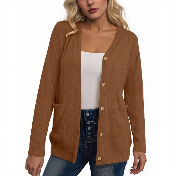 ZQUUVOU Women's Cable Sweater V Neck Button Down Soft Cardigan Long Sleeve Knit Open Front Loose Fall Outerwear Brown