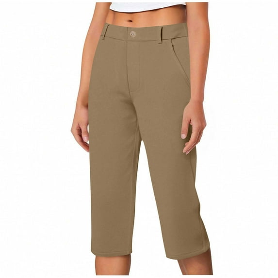 ZQUUVOU Women's Capri Pants with Simple Design Solid Color Elastic Waist Work Pants（Coffee,M）