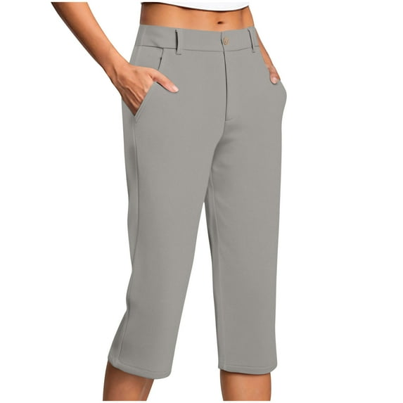 ZQUUVOU Women's Capri Pants with Simple Design Solid Color Elastic Waist Work Pants(Gray,L)