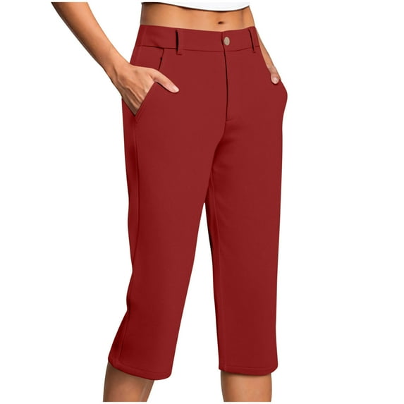 ZQUUVOU Women's Capri Pants with Simple Design Solid Color Elastic Waist Work Pants(Red,XL)