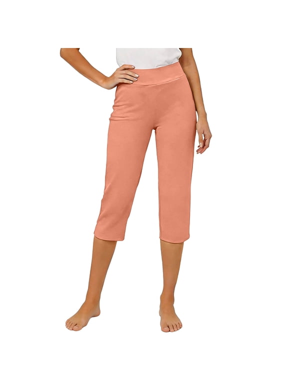 Women's Capri Yoga Pants with Pockets Elastic Waist Casual Stretchy Tummy Control High Waisted Leggings Workout Orange