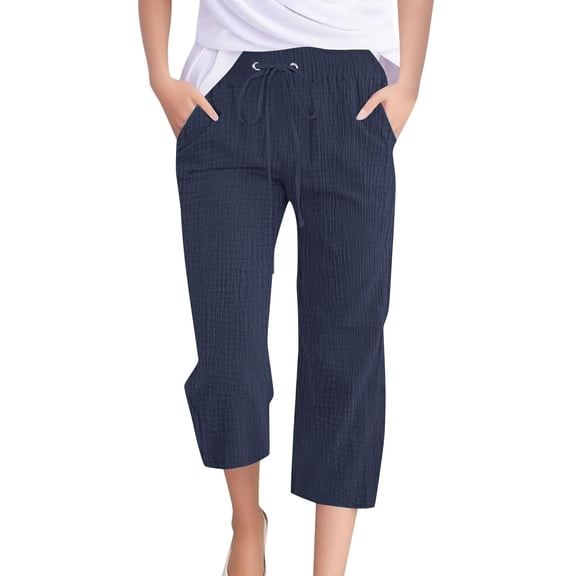 ZQUUVOU Women's Capris Casual Color Drawstring Elastic Loose Pants with Pocket(Navy,XL)