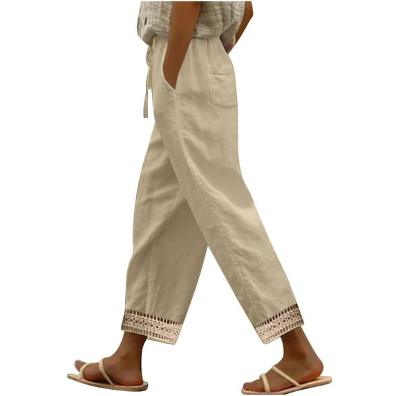ZQUUVOU Women's Capris Pants Cotton Linen Solid Color Waist Elastic Drawstring Pants with Pocket (Khaki,2XL)