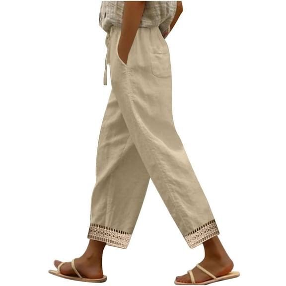 ZQUUVOU Women's Capris Pants Cotton Linen Solid Color Waist Elastic Drawstring Pants with Pocket (Khaki,S)